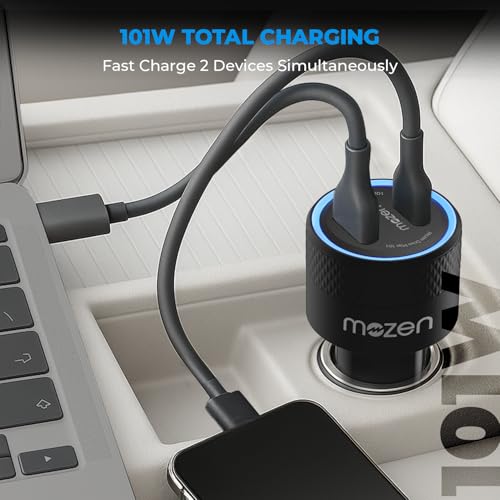 Image of MOZEN by Amkette Drive Max 101W Car Charger Type C 65W + USB-A 36W Dual Port Fast Car Charger, ABS Build with Metallic Shell with Voltsafe and Smartflux for Mobile, Tablets & Laptops