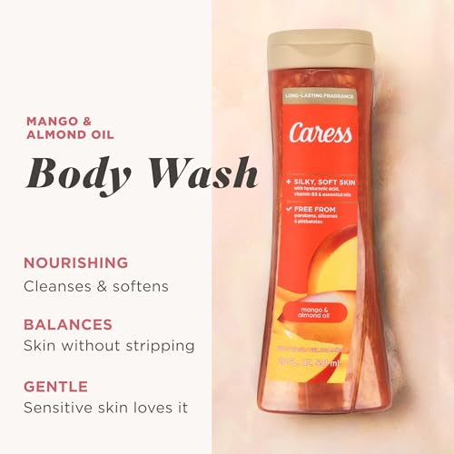 Image of Caress Mango & Almond Oil Body Wash, 20 fl oz, 4 Pack | Hyaluronic Acid & Vitamin B3, Moisturized, Silky Soft Skin, Long-Lasting Tropical Fragrance