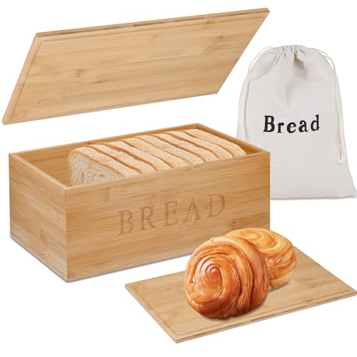 Jasvelly Panera de bambú, 33 x 19 x 13,5 cm, panera con tapa y bolsa para pan de lino, para una frescura duradera del pan, rectangular y elegante