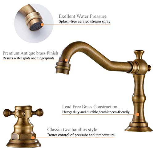 Beelee Deck Mounted Three Holes Double Handles Widespread Bathroom Sink Faucet, Antique Brass Finished