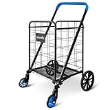 SereneLife Utility Shopping Supermarket Cart, 360 Rolling Swivel Front Wheels, Collapsible Utility Cart, Heavy Duty, Portable, 3.5' D x 19.5' W x 38' H, Large Capacity 110 lbs, Luggage, Laundry, Blue