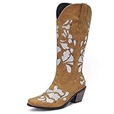 Material: Microfiber Zoducaran Damen Klassischer Cowboy Stiefel Block Mid Heel Damen Pull on Western Stiefel Mid Top Wide Calf Embroidery V-Neck Halbe Stiefel Cowgirl Brown Size 45