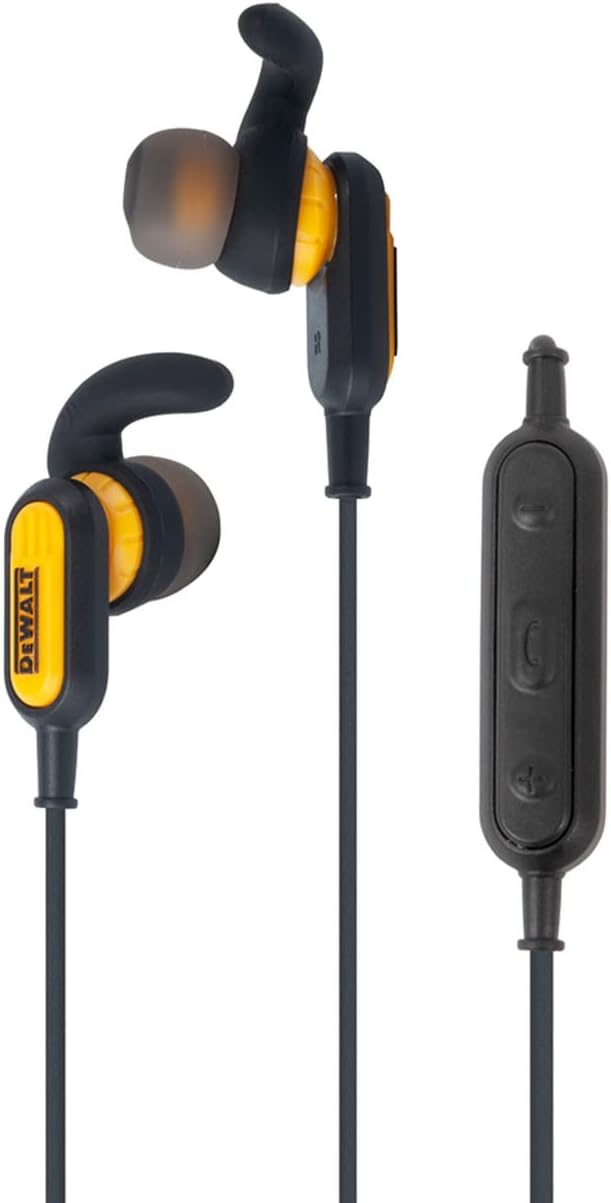 DEWALT Wireless Bluetooth Earphones - Jobsite Behind-Neck Wireless Headphones - Water-Resistant Wireless Earphones with Microphone - 20+ H Playtime