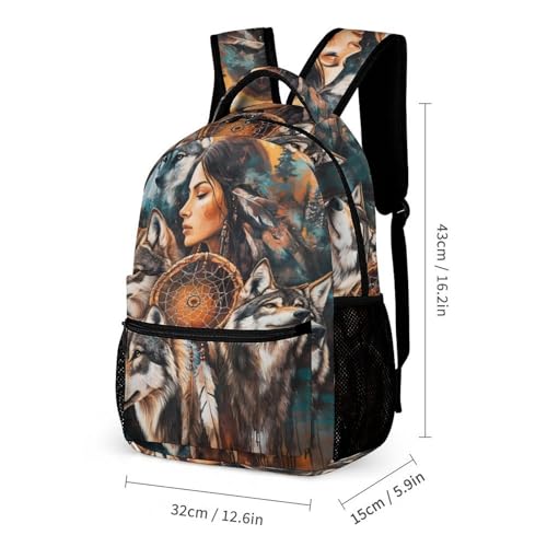 Dreamcatchers Native Woman Wolf Printed Backpack with Lunch Box Bag Pencil Case Pouch 3pcs Daypack Set for Women Men2
