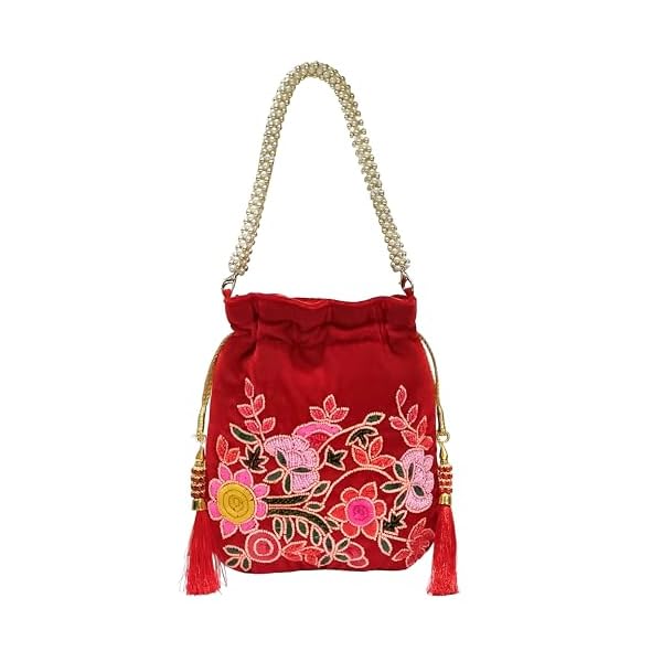 Amerie Fashions Women's Embroidered Red Floral Potli Bag Purse for Party Wedding - Image 5