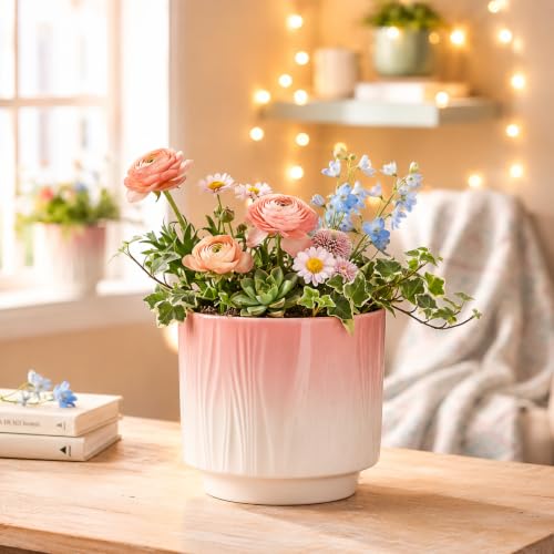Image of Xtore Graceful Ribbed Ceramic Planter for Home & Office Decor | Modern Indoor Flower Pot with Soft Pink Finish for Living Room, Bedroom, Desk, Shelf, Balcony & Window Styling (Soft Pink)