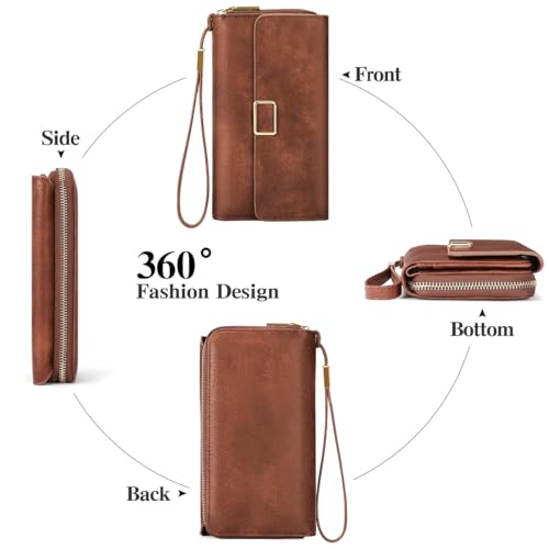 Image of Women Leather Wallet Crossbody Shoulder Bag with Double Zipper and Mobile Phone Purse with Shoulder Strap