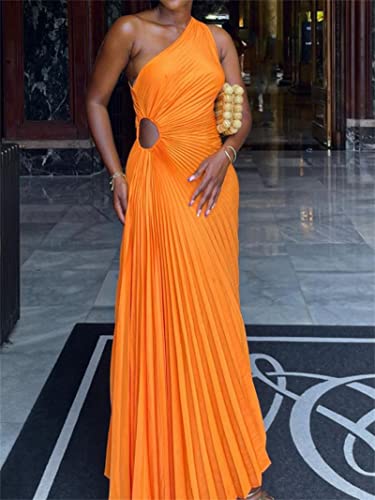Yuemengxuan Women Elegant Maxi Dress One Shoulder Pleated Dress Hollow Out Bodycon Long Dress Evening Cocktail Party Dress (Orange, S) #TOP3