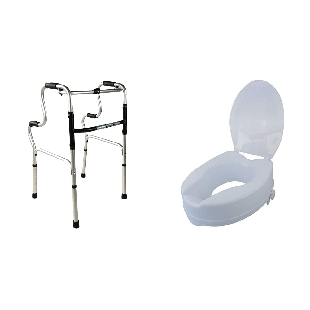 Andador para ancianos, adultos, mayores o minusvalidos, de aluminio, ligero, plegable, con asiento y sin ruedas. Modelo Pórtico. Mobiclinic + Elevador WC, Con tapa, 10 cm, Blanco, Titán