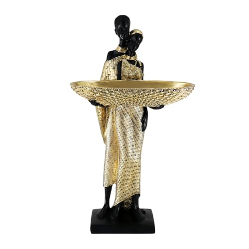 Estatua bandeja pareja africana resina negro y dorado