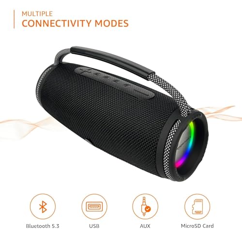 Image of amazon basics Bluetooth 16W Speaker, with TWS Function, Powerful Bass, BT 5.3, MicroSD Card Slot, RGB Lights, AUX Input, USB Support, and in-Built Noise Cancelling Mic (Black)