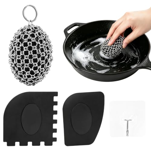 Cast Iron Scrubber Cleaner Set, with 2 Cleaning Scraper and Adhesive Hook