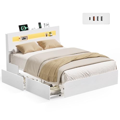 VASAGLE Kailyn Collection - Cadre de Lit avec 2 Tiroirs Coulissants 140 x 190 cm, Lit Double, avec LED, Multiprise, en MDF et Acier, avec Sommier, Style...