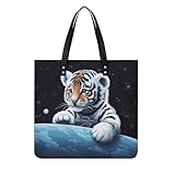 Little Tiger in Space Leather Tote Bag Soft Handbag Vintage Shoulder Purses Fashion Top Handle Bag Large Capacity