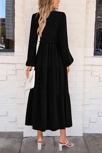 Image of PRETTYGARDEN Fall Dresses for Women 2025 Casual Long Sleeve V Neck Smocked A Line Long Flowy Wedding Guest Dress