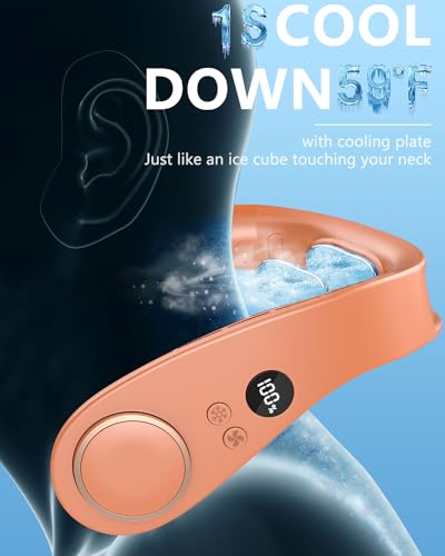 Image of Neck Air Conditioner with Metal Cooling Plate, 5500mAh Batteries & LED Display, Silent Wearable Personal AC Unit, Bladeless Headphone Fan for Hot Flash Relief for Women Men Adults Outside, Orange