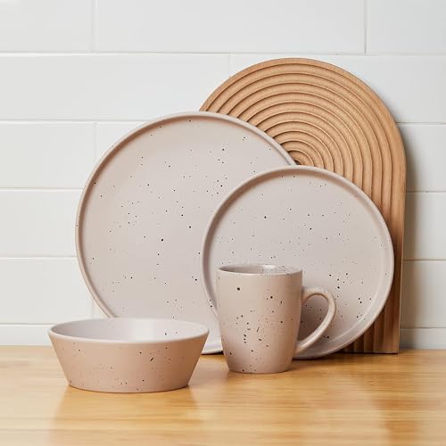 Stone Lain Jade Stoneware 16 Piece Dinnerware Set, Home Kitchen Dish Set with Dinner Plates, Salad Plates, Bowls, & Mugs - Service for 4, Taupe