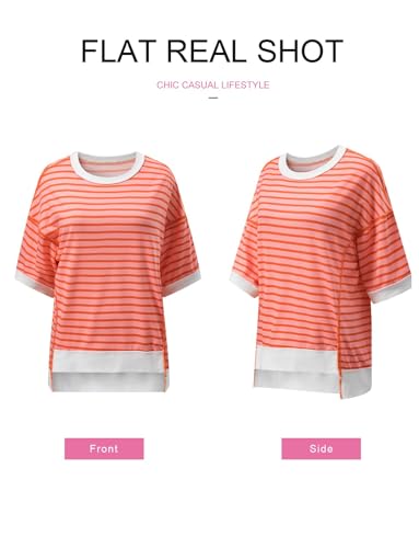 Image of SHEWIN Womens Tops Casual Short Sleeve Sweatshirt Crewneck Striped Shirt Pullover T Shirts Loose Blouses