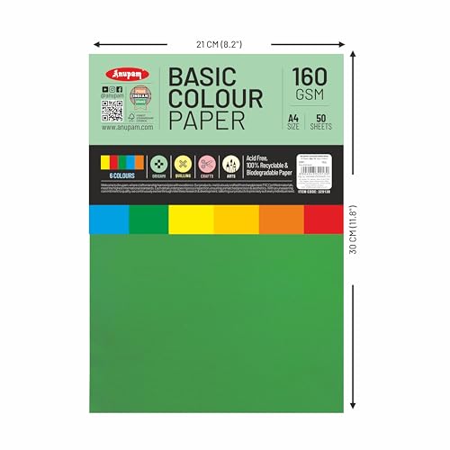 Image of Anupam A4 Basic Colour Loose Paper 160gsm 5 Colors Paper for Arts, Crafts, Quilling, Origami (50 Sheet)