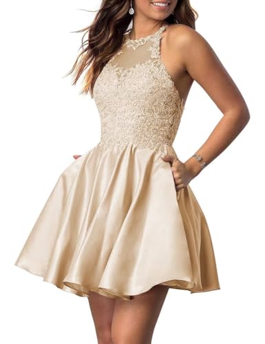 Tvuyet Lace-Applique Short Homecoming Dresses for Women with Pockets Satin Beaded Prom Cocktail Dress for Teens