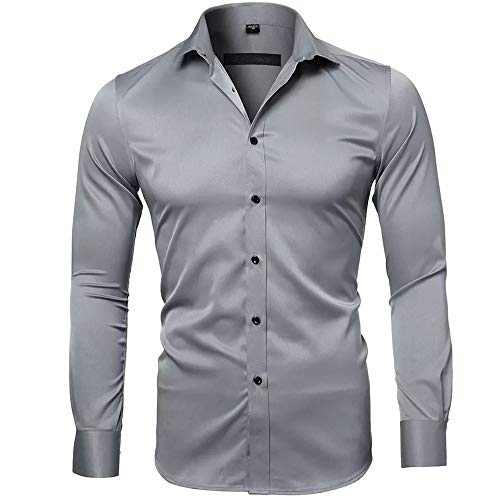 Gdtime Camisas De Vestir De Fibra De Bambú para Hombre Slim Fit Color Sólido Camisas Casuales De Manga Larga Camisas con Botones, Camisas Elásticas Formales para Hombres (Gris, XL)