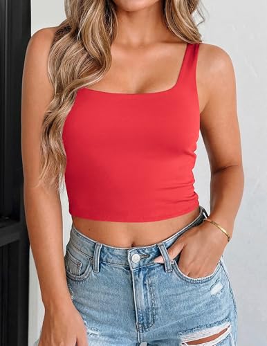 Zeagoo Women's Square Neck Double Layer Sleeveless Skinny Basic Strappy Backless Crop Tank Tops Red, Small - image 3