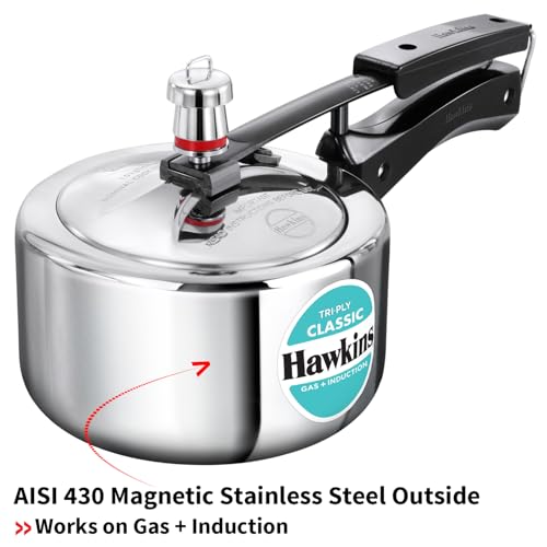 Image of Hawkins Classic 1.5 Litre Triply Stainless Steel Pressure Cooker | Straight Body | Induction & Gas Compatible | Ideal for 1-2 persons | ISI Certified | Guaranteed for 5 year | Silver (SSTCL15)
