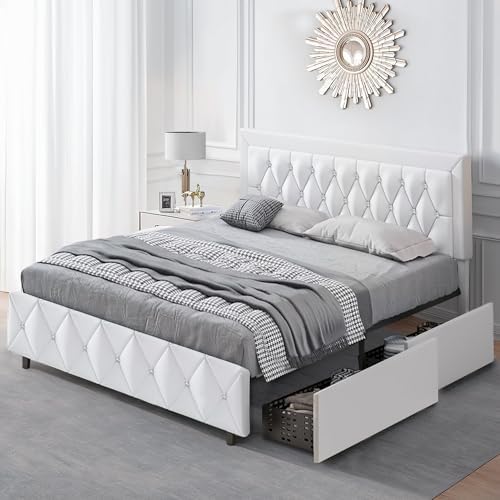 CHABUILDREARK White Queen Bed Frame with 4 Storage Drawers