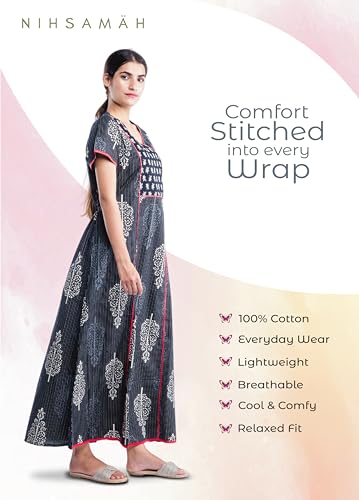 Image of NIHSAMAH Cotton Night Gown for Women - Angrakha Style Nighty, Comfortable Sleepwear /Nightwear /Maxi