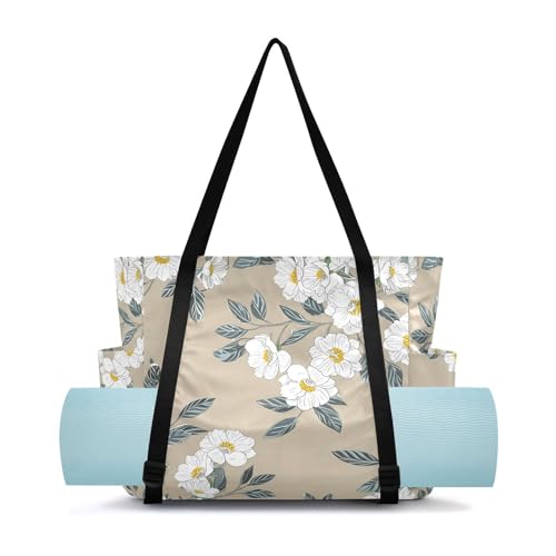Lxqimora White Flowers Branches Brown Yoga Mat Bag for Women Water-Resistant Gym Bag with Yoga Mat Holder Tote Bag for Gym Travel Office Pilates