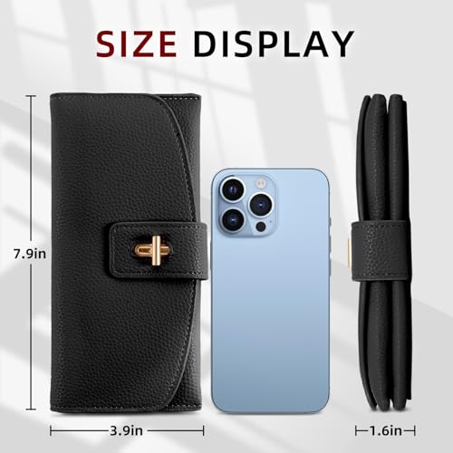 ANEW Long Wallet for Women, Bifold Clutch Large Capacity Card Organizer Buckle Long Purse, Wallets Women with Card Holder Zipper Anti Theft Wallet Coin Purse (Black)2