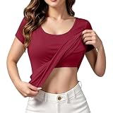 Damen Tshirt mit integriertem BH Rundhals Eingebauter BH Bügelloser Gepolstert Oberteile Elegant Einfarbig Kurzarm Sport Shirts Loose Fit Bluse Summer Große Größen Shirt Tops