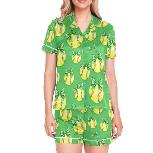 Image of Womens Silk Satin Pajamas Set Western Theme Womens Short Sleeve Shorts Set 2 Piece Sleepwear Lounge Set S-XXL
