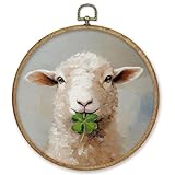 CGBHW St Patrick's Day Lamb Round Wall Art Decor, Four Leaf Clover Sheep Canvas Prints Framed, Country Farmhouse Lamb Wall Art Hanging Decor for Home Kitchen Bedroom Living Room, 10x10 Inch