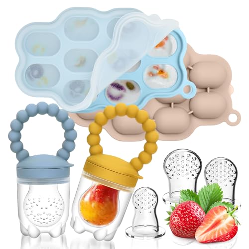Image of Silicone Baby Fruit Food Feeder, 2 Pack Freezer Tray with lid for Batch Prep,Introduce New Foods, Breastmilk Popsicle Molds, Silicone Teething Toys, Includes 6 Extra Food Pacifier