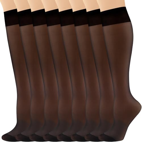 DRESHOW 8 Pairs Knee High Stockings for Women 15D Sheer Nylon Stocking Socks Trouser Socks Silky Knee Highs for Women Girls