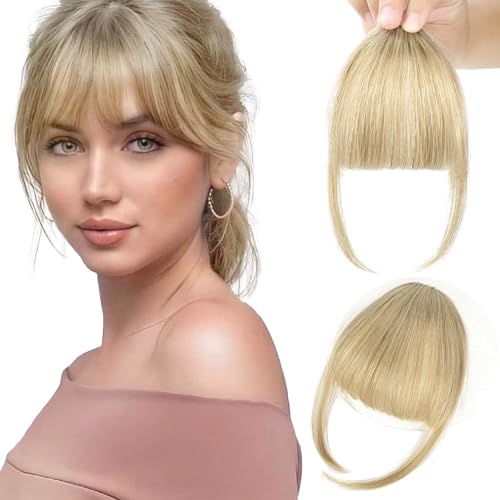 Flufymooz Clip in Bangs 100% Human Hair Bangs Hair Clip Extensions Clip on Bangs Wispy Bangs French Bangs Fringe with Temples Hairpieces for Women Fake bangs for Daily Wear(Wispy Bangs Ash Blonde)