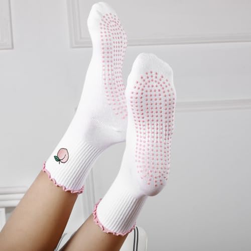Image of Jeyiour Summer Cute Pilates Socks Women Bow Nonslip Ruffle Yoga Socks with Grip Barre Pilates Gift for Work Dance Fitness
