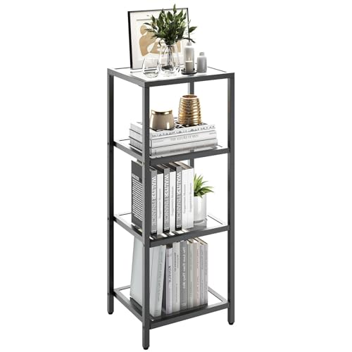 YMYNY Scaffale in Vetro a 4 Ripiani, Liberia, Organizzatore Portaoggetti, Vetro Temperato, Facile da Montare, per Soggiorno, Camera da Letto, Studio, 35×30×94CM Nero HGD004B