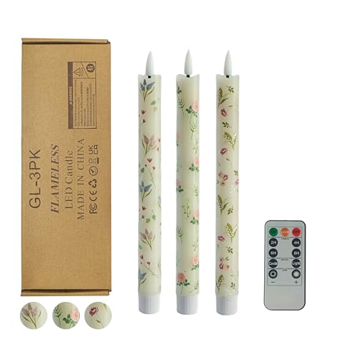 Image of Floral Candles Remote Candlesticks-10inches Timer Flickering Battery Operated Candle Chinoiserie LED Taper Candles Lights for Home Wedding Tea Party Windows Decor,3PCS-RFL