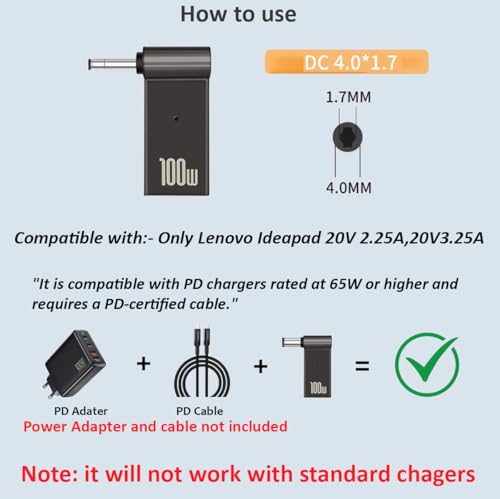 Image of ETZIN 100W Female Type-C to Laptop Charging Adapter Converter Compatible with Lenovo IdeaPad Yoga Laptop Series, Chromebook, Liteon, Flex, Notebooks (4.0X 1.7MM Adapter)