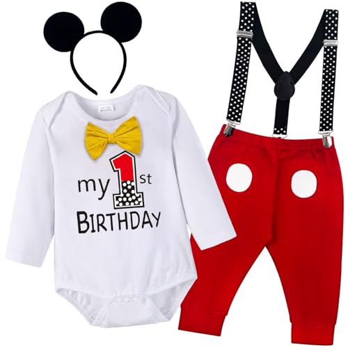 Wosixima ベビー 男の子 マウスコスチューム 衣装 1歳の誕生日 コスプレ ボウタイ ボディスーツ サスペンダー ショーツ パンツ ケーキ スマッシュ タキシード, ホワイトロング, 18-24 Monthsの商品画像（Amazon）