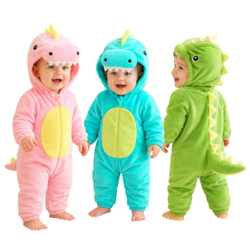 Babys Cartoon Dinosaur Costume Fleece Zip Up Long Sleeve Hooded Romper Cute - image 2