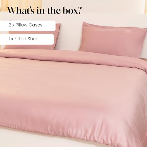 Image of Luxury Fitted Bedsheet | King Size | 300TC | | 100% Tencel| Wood Rose Color | Premium Solid Design | 1 Fitted Bedsheet & 2 Pillow Covers for Bedroom | Size - King, 72 inch X 78 inch x 12 inch inch