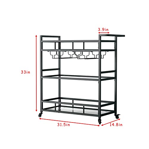 LORMITER Black Metal Bar Carts with 3 Tier Glass Shelves, Rolling Serving Bar Cart with Wine Rack and Glass Holder, Industrial Bar Carts & Wine Carts on Wheels for Kitchen, Indoor & Outdoor