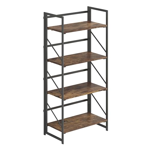 Image of JSB No Assembly Folding Bookshelf, 4 Tier Industrial Metal Book Shelf for Storage, Vintage Wood Foldable Bookcase for Living Room, Bedroom, Office Organization Shelves