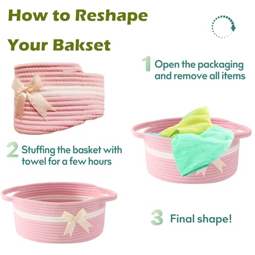 Image of Gift Baskets Empty, Small Woven Rope Storage Basket with Bow and Ribbons and Gift Wrap, Bowknot Decorative Gifts Basket with Handles, DIY Storage Organizer Basket for Wedding Graduation, Pink