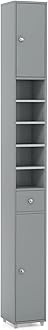 COSTWAY Slim Bathroom Tall Cabinet, Freestanding Storage Cupboard with 2 Doors, 1 Drawer & Adjustable Shelves, Wooden High Floor Cabinet Unit for Bathroom Living Room Kitchen, 20x20x180cm (Grey)
