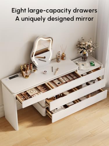 Image of homary Retractable L-Shaped Smart Makeup Vanity with LED Lighted Mirror, Built-in Charging Station, Touch Dimmable Lights, White Dressing Table with Storage Drawers for Bedroom, Stool Sold Separately