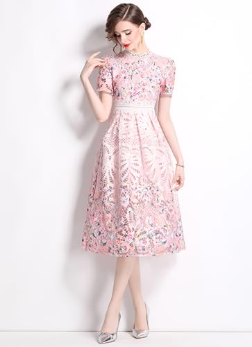 Image of LAI MENG FIVE CATS Women's Lace Floral Short Sleeve Crochet Waist Cocktail Midi Dress